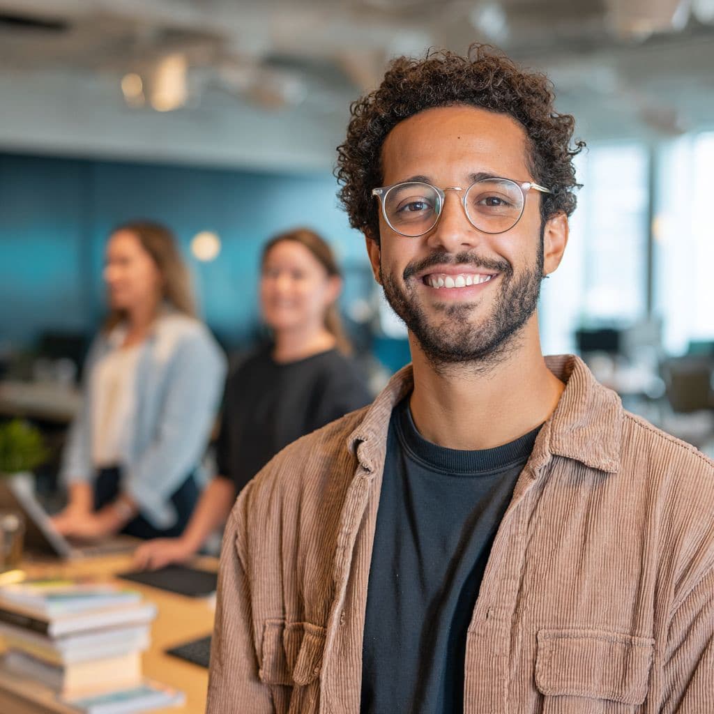Collègue souriant en open-space